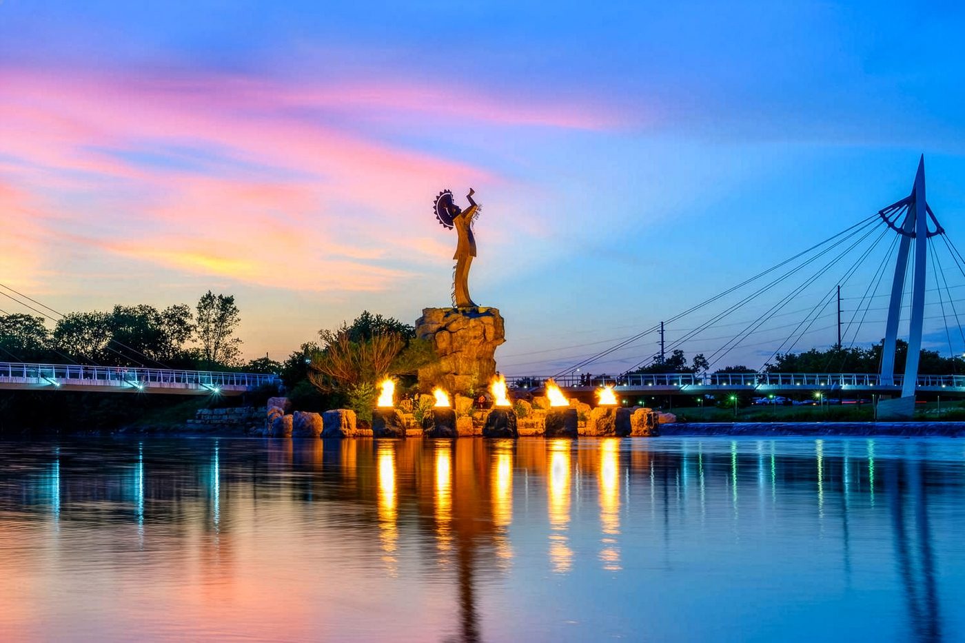 Keeper of the Plains at sunset on the Arkansas River — Wichita, Kansas